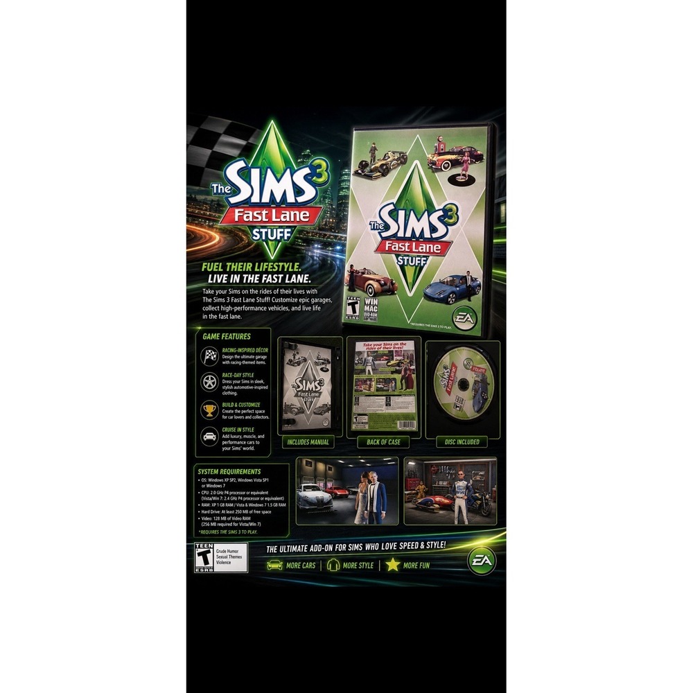 The Sims 3 Fast Lane Stuff PC Mac DVD Complete EA Racing Edition Y2K Gamers New